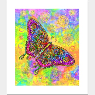 Rainbow Paisley Bohemian Mandala Butterfly Posters and Art